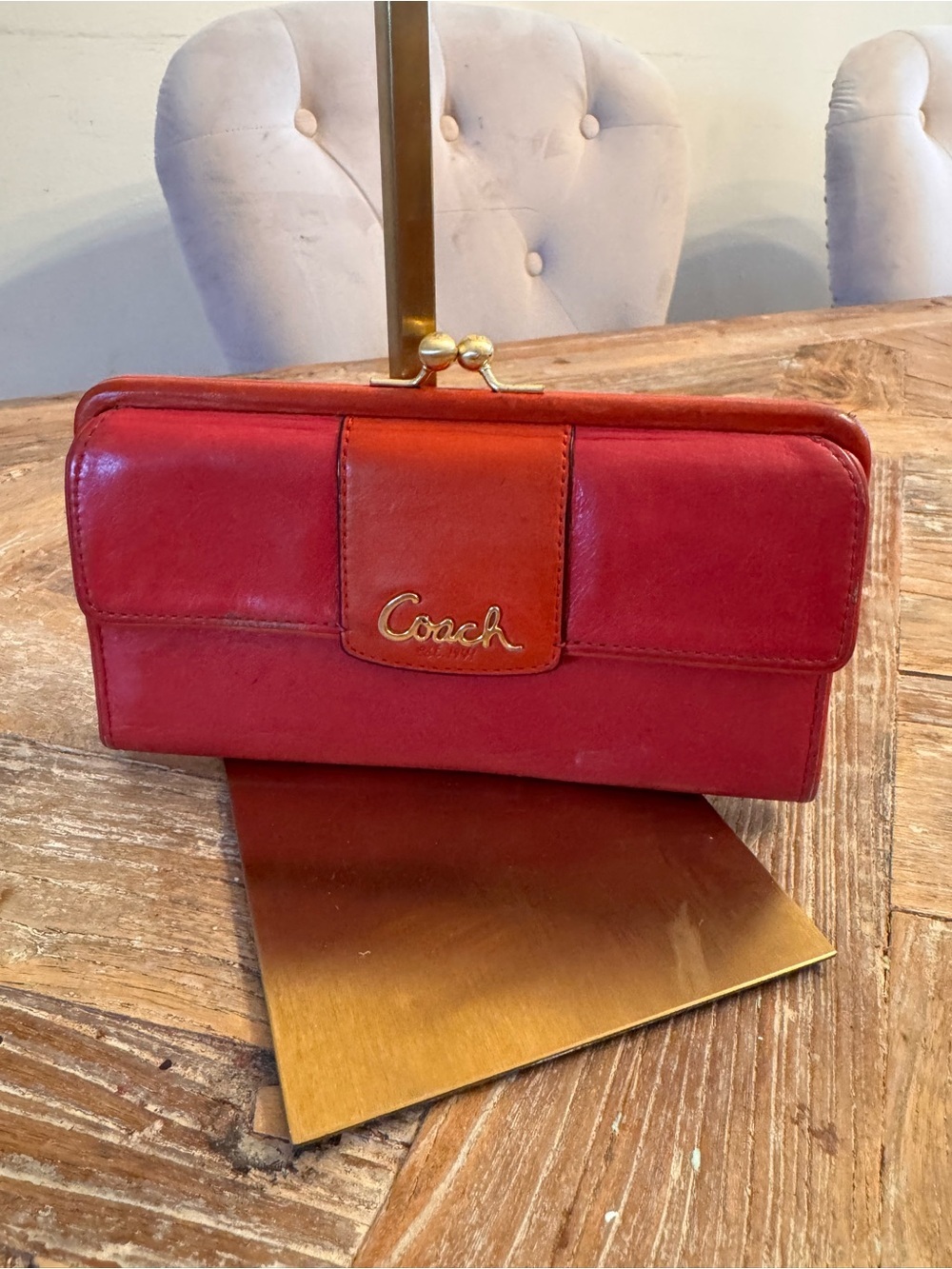 Coach Red and Orange Kiss-Lock Wallet with Gold-Tone Logo